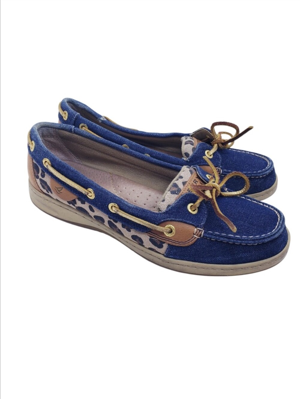 Sperry Denim & Leopard Print Slip On Casual Boat Shoes Loafers Women's Size 8.5
